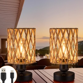 ALL FORTUNE Cordless Outdoor Table Lamps, Small Rattan Boho, Rechargeable Battery Operated for Outdoor Patio, Home, Living Room, Bedroom, Bedside - Set of 2 (Beige-A)