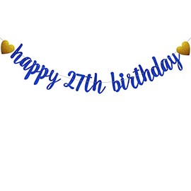 SUNbetterland Blue glitter Happy 27th Birthday Banner, Pre-Strung,Boy's Man's 27th Birthday Party Decorations Supplies, Happy 27th Birthday