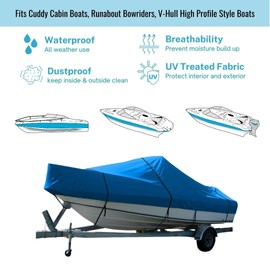 SavvyCraft Trailerable Boat Cover for Cuddy Cabin Boat, Runabout Bowrider, V-Hull High Profile Boat Type, Heavy Duty 600D Polyester Canvas Waterproof fits 16ft-17ft Long Blue Color