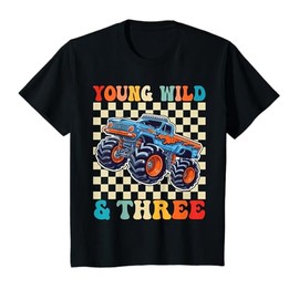 Kids 3rd Birthday Monster Truck Young Wild And Three 3 Year Old T-Shirt