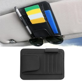 Leather Car Sun Visor Organizer Clip, Universal Car Truck Visor Document Holder with Sunglasses Clip, Auto Visor Pocket Storage for Bill Card Registration/Driving License Pen (Black)