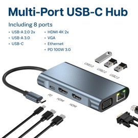 MMOBIEL USB-C to Dual HDMI Hub – 8-in-1 USB-Hub & 100W PD Adapter – Docking Station to USB 3.0, 2x USB 2.0, 2x HDMI, VGA, PD and ETH – Triple Display for Laptops, Tablets, Smartphones etc. – Aluminum