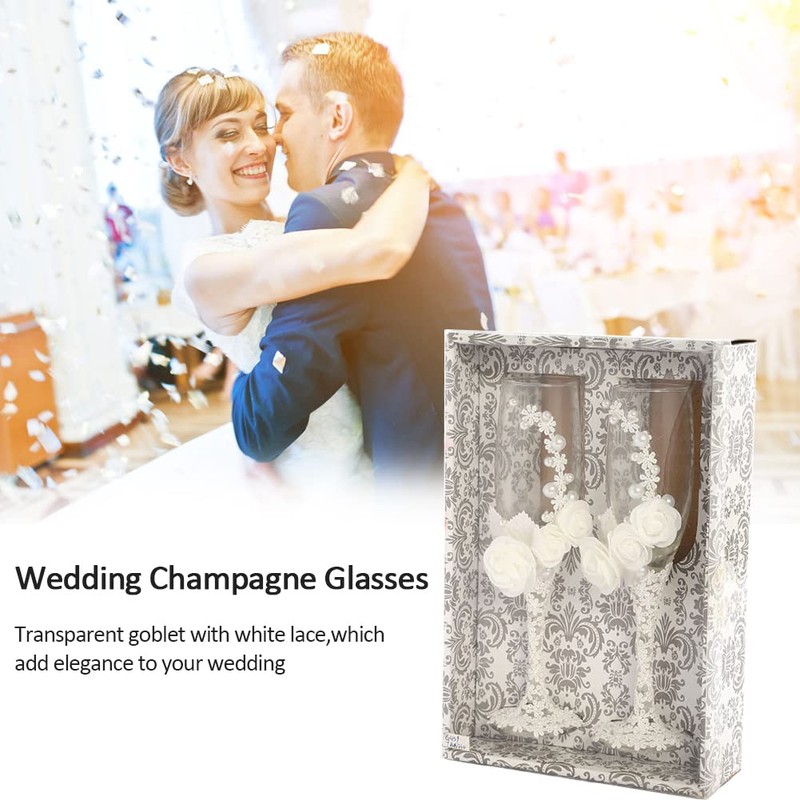 Bride Groom Champagne Glasses - Wedding Glasses with White Lace
