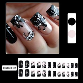 24 Pcs Flower Press on Nails Medium Square Full Cover Fake Nails with White Dots Design Black Glue on Nails Dark Flowers False Nails Reusable Black Floral Acrylic Nails for Women Nail Decoration