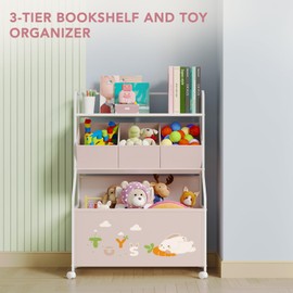 BBLIKE Toy Storage Organizer with Wheels - 3-Tier Kids Large Toy Box, Toy Chest Storage for Boys Girls Toddlers, Kids Bookshelf with 3 Fabric Toy Boxes for Playroom, Pink
