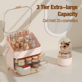 CLBDRESS Makeup Organizer Countertop, Makeup Brush Holder with Lid & Drawers, Bathroom Vanity Organizer and Storage, Make Up Organizer for Vanity, Skincare Organizer Gifts for Girls, Wives, Mom