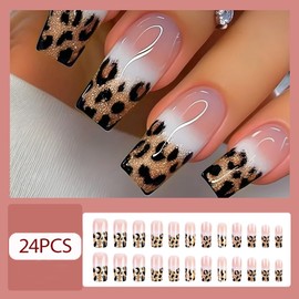 WAFOLOZE Nails Press on, French Leopard Press on Nails Coffin Medium Girls Fake Nails with Glitter Design, Artificial False Nails Press Ons Glue on Nails For Women