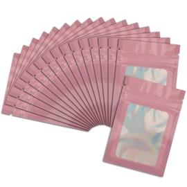 50 Pcs Pink Mylar Bags 2.7x3.9 Inch with Clear Window - Holographic Resealable Foil Pouch Packaging for Food Storage, Jewelry, Lip Gloss, and Small Business Use