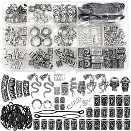 Fscwlmon 207Pcs Viking Hair Jewelry Nordic Runes Tube Beads,Accessories Kit for Braids Dreadlock Beard Locs,Metal Clips Cuff Rings,Braiding Beard Decoration Bracelets Pendant Necklace DIY Silvery