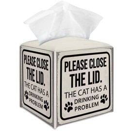 Cute Cat Leather Tissue Box Cover Holder, Tissue Box Cover Square with Belt Bottom, Please Close The Lid, Housewarming Gift Ideas for Friends, Bathroom Decor-(5.2 Inches) A28