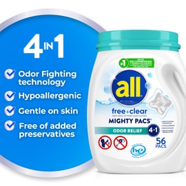 All Mighty Pacs Laundry Detergent Free Clear Odor Relief, Tub, 56 Count