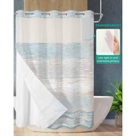 Anzona No Hook Shower Curtains, Aqua Blue Brown Ombre Standard Bathroom Curtains with Snap in Liner, Farmhouse Vintage Wooden Waterproof Washable Fabric Bathroom Shower Curtain Sets, 60" x 72"