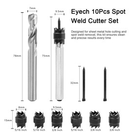 Eyech 10Pcs Spot Weld Cutter Set, HSS Spot Weld Cutter Removal Tool Kit with 3/8" & 5/16" Double Sided Drill Bit, Hex Sheet Metal Hole Cutter Remover for Power Drill Spot Welding