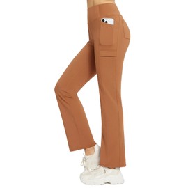 baleaf Women's Fleece Lined Pants Yoga Pants Warm Thermal Winter High Waisted Straight Leg Leggings with 6 Pockets Light Brown 3XL