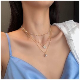Inateannal Vintage Layered Pearl Choker Necklace Gold Butterfly Pendant Necklace Chain CZ Pearl Necklace Multilayer Pearl Necklace Jewellery for Women and Girls
