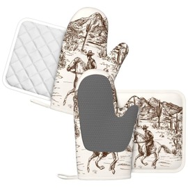 DONMYER Western Cowboy Oven Mitts and Pot Holders 4 pcs Set Silicone West Cowboy Riding Horse in Desert Kitchen Oven Mitt Gloves Cowboy Pot Holders Non-Slip Heat Resistant Cooking Mitts Set