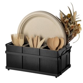PTSTING Silverware Caddy Black Wood Silverware Holder Paper Plate Dispenser Utensil Caddy Cutlery Flatware Organizer Box for Spoons Forks Plates Napkins