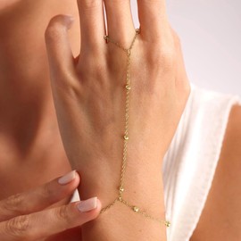 RMMD Ring Bracelet Hand Chain, Dainty 14K Gold Plated Beaded Hand Chain Bracelet for Women Trendy Gold Jewelry for Women Summer Essentials Stuff Boho Beach Jewelry Gifts
