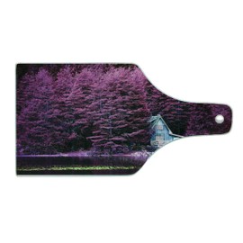 Ambesonne Lavender Cutting Board, Purple Trees by a Lake with Blue Wooden Rustic Lakehouse Lodge Romantic Spring Nature, Decorative Tempered Glass Cutting and Serving Board, Wine Bottle Shape, Purple