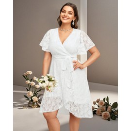 Plus Size White Dress Lace Women Short Wedding Bride Graduation Bridal Shower Party Cocktail Semi Formal Dresses Sleeves