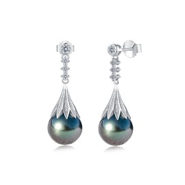 Tahitian Black Pearl Earrings, 9-10mm AAA Handpicked Natural Black Pearl Stud Earrings with D Color Moissanite & 18K White Gold Plated Sterling Silver, Luxury Gifts for Women, Mother, Girlfriend, Anniversary, Birthday, Valentines, Mothers Day