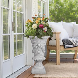 Christopher Knight Home Jorine Light Concrete Planter, Patio Planter, Mid-Centry Gadern Urn, Large Garden Pot, Floral Statue Design, Flower Urn with Drainage Hole for Backyard Home, Light Gray