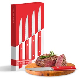 Misen Steak Knives Set of 4 - Precision Serrated Blades for Effortless Dining - German Stainless Steel - Superior Cuts with Four Steak Knives - Comfortable, Sleek Handles - Red