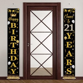 POPOYU 21st Birthday Banner Men Women, 21st Birthday Decoration Black Gold, Banner 21st Birthday Party Decorations Background, Banner Gifts for Birthday Poster Door Banner Porch Sign