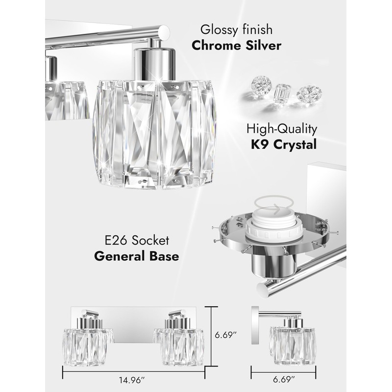 VOLISUN Crystal Vanity Lights - 2 Light Modern Stainless Steel