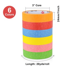 BOMEI PACK Colored Masking Tape - 6 Colors Masking Tape Rolls, 540 Feet x 1 Inch Craft Painters Tape, Rainbow Colored Painters Tape – for Arts & Crafts, Labeling and Color-Coding