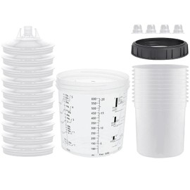 Disposable Paint Sprayer Mixing Cup for Automotive Paint Gun,Compatible with Original 1.0 System(not 2.0)-10pcs 20 Ounce Kit-10 Cup Liners,10 Lids with Strainer,1 Hard Cup with Retainer Ring,4 Plugs