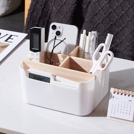 Bamboo Office Furniture with 5 Compartments | Storage Box with Pen Holder for Pens, Cosmetics, Post-it Notes | Home Office Organiser