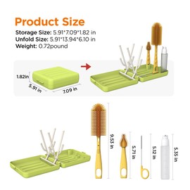 Travel Bottle Cleaner Kit with Extendable Liquid Silicone Bottle Brush, Nipple Brush, Straw Brush, Soap Dispenser, Drying Rack and Organizer Box, BPA Free - Green