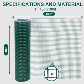 Wirewonders Hardware Cloth 1' 48in x 100ft Chicken Wire, Green Garden Fence, PVC Coated Metal Welded Wire Mesh for Preventing Snakes, Raccoons, Foxes, Poultry Netting