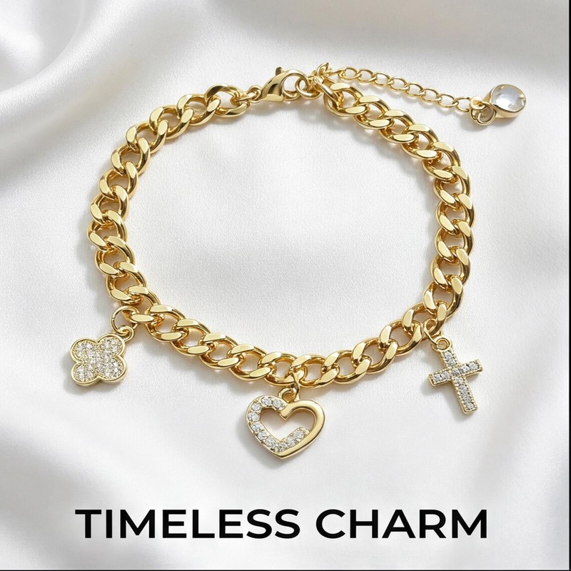 JTK Design Women Curb Chain Charm Bracelet Faith Love Lucky