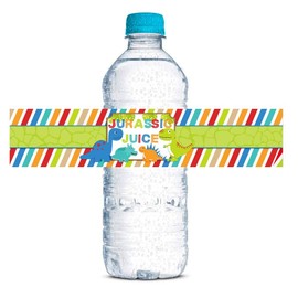 Jurassic Juice Dinosaur Birthday Party Waterproof Water Bottle Sticker Wrappers for Boys, 20 1.75" x 8.5" Wrap Around Labels by AmandaCreation