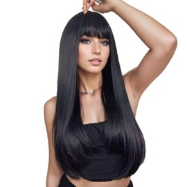SUKRI Long Straight Black Wig with Bangs Natural Black Hair Wigs for Women Synthetic Heat Resistant Wigs for Girls Daily Party Use 22 Inch