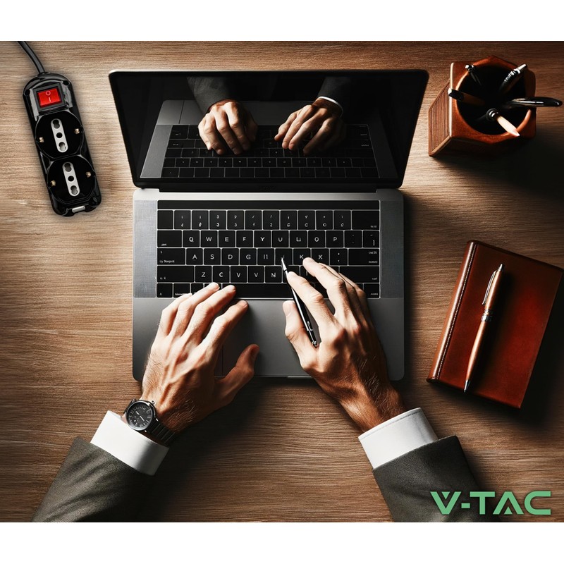 V-TAC Power Strip Black 6 Slots with Switch and Cable
