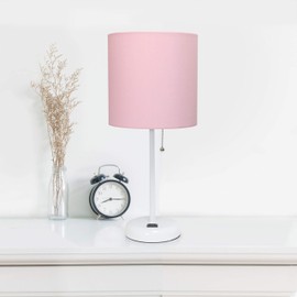 Simple Designs LT2024-POW-LB 19.5" White Stick Table Desk Lamp with Charging Outlet and Drum Fabric Shade for Living Room, Hallway, Nightstand, Office, Pink Shade, with Feit LED Bulb Included