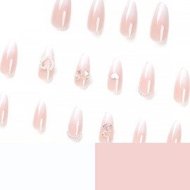 24 Pcs Valentines Press on Nails Medium Almond Shaped Fake Nails Pink White Gradient False Nails with Pearl Design Full Nail Tips Acrylic Glue on Nails Artificial Nails Cute Stick on Nails for Women