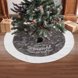 Artmag Christmas Tree Skirt 48 inches Large Luxury Faux Fur White Grey Tree Skirt with Snowflake Double Layers Soft Tree Skirt for Christmas Holiday Decorations