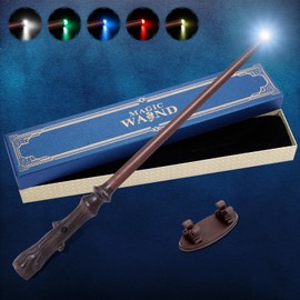 CharmFields Light Up Magic Wizard Wand with 5 Static Light Color, Rechargeable Illuminating Resin Witch Wand for Kids Collection Cosplay, with Mini Stand Display, Trunk