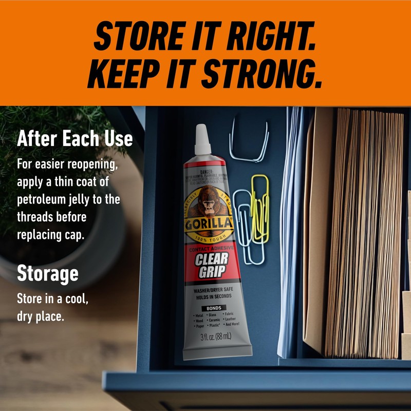 Gorilla Clear Grip Waterproof Contact Adhesive, 3 Ounce Tube, Clear,