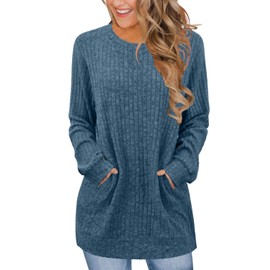 JomeDesign Womens Tops Long Sleeve Shirts for Women Crewneck Long Sweaters Loose Fit Bluegray M