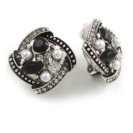 Marcasite Style Square Black/Clear Crystal White Faux Peal Clip On Earrings In Aged Silver Tone/ 20mm Tall
