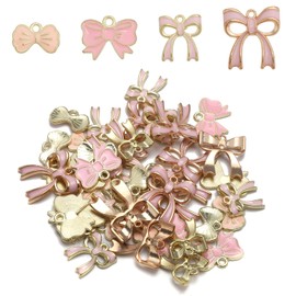 40pcs Bow Charms for Jewelry Making, 4 Style Pink Bowknot Pendant Charm Cute Enamel Bow Charms Bow Tie Charms for Necklace Bracelet Earrings DIY Craft Supplies