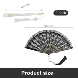 MYLERCT Fabric Fan Pack of 2 Eastern Classic Hand Fan Fabric Hand Fan Black Women's Sturdy with Black and White Tassels for Parties and Personal Collections
