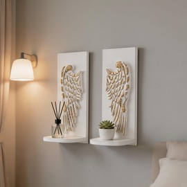 SOFE 2 Pcs Angel Wings Wall Decor with Shelves, Vintage Boho Wooden Floating Shelf, Distressed White and Gold Shelving Wall Mounted, Wing Sculptures Sconce Shelf for Crystals Plants Candles