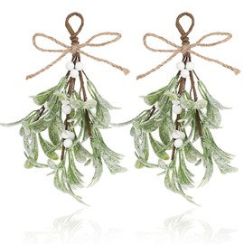 TIESOME Christmas Mistletoe Decor, 2 Pcs Artificial Mistletoe Ornament Mistletoe Hanging Decorations Glitter Christmas Tree Accessories Artificial Dry Leaf Hanging Decoration for Tree Door(White)