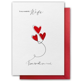 Valentines Card for Wife. Love is all you need Design. Eco-friendly. Textured Stock. A5 Size. Valentine's Card with Red Envelope. Verse inside. Printed and Packed in UK.